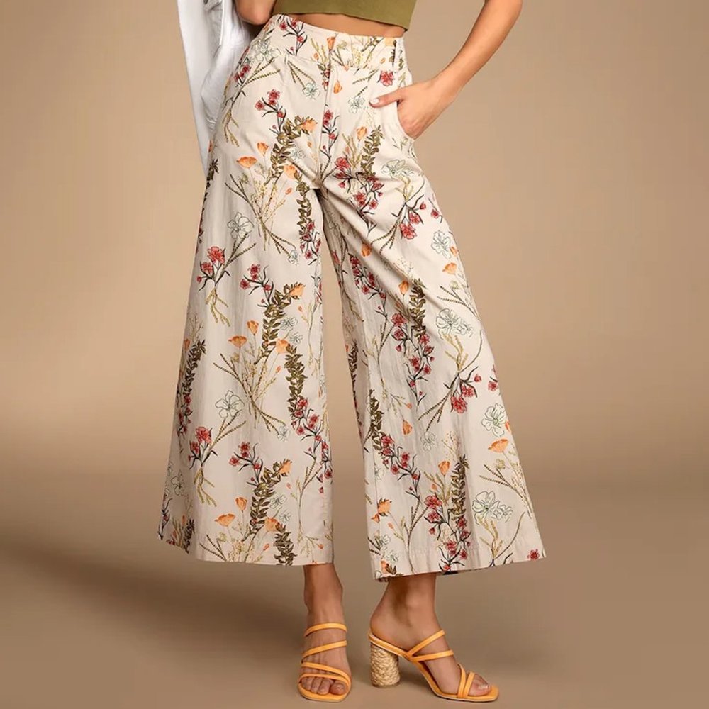 Free People Menorca Taupe Multi Floral Print Cotton Wide-Leg Cropped Pants 4 S